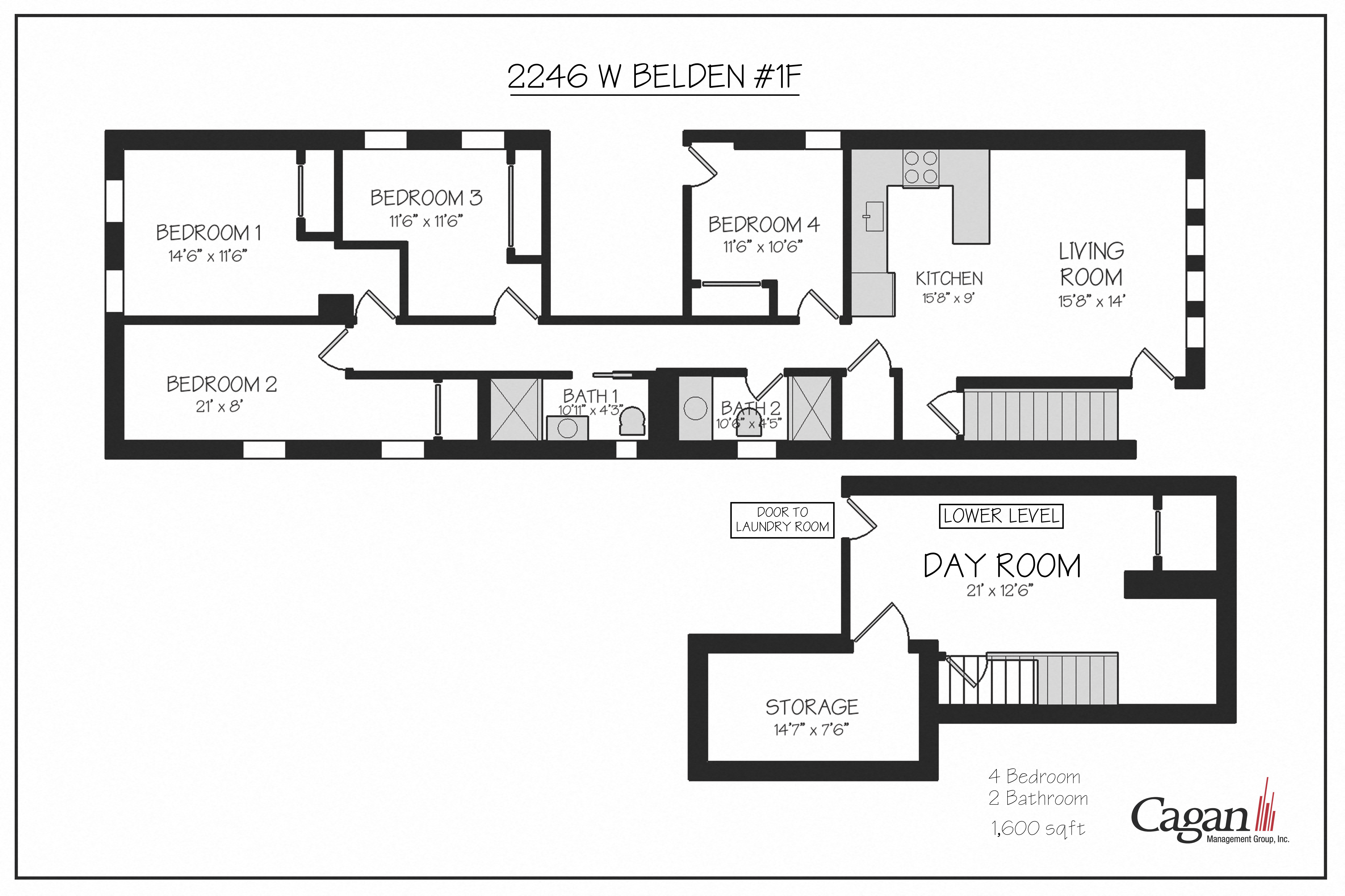 Floor plan for 4 beds, 2 baths, 1600 sqft